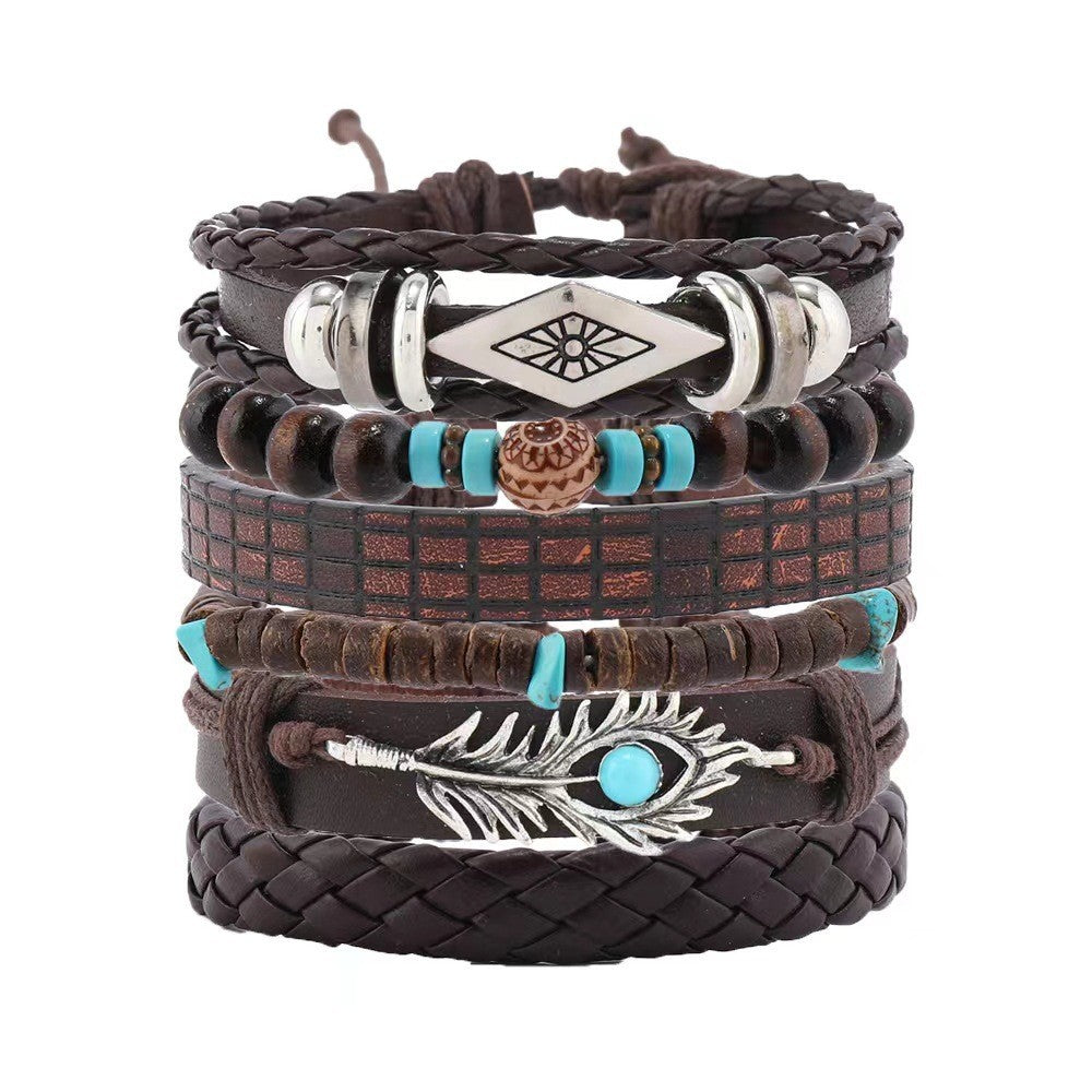 Wholesale Multi-layer nut shell gravel feather turquoise 6-piece bracelet